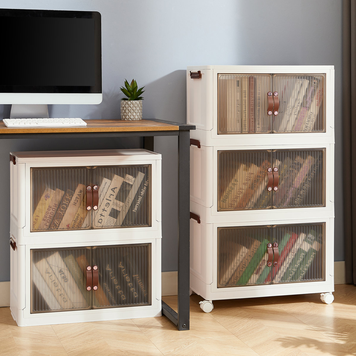 4 Tier Stackable Foldable Storage Bins with Lid and Wheels (Set of 4)